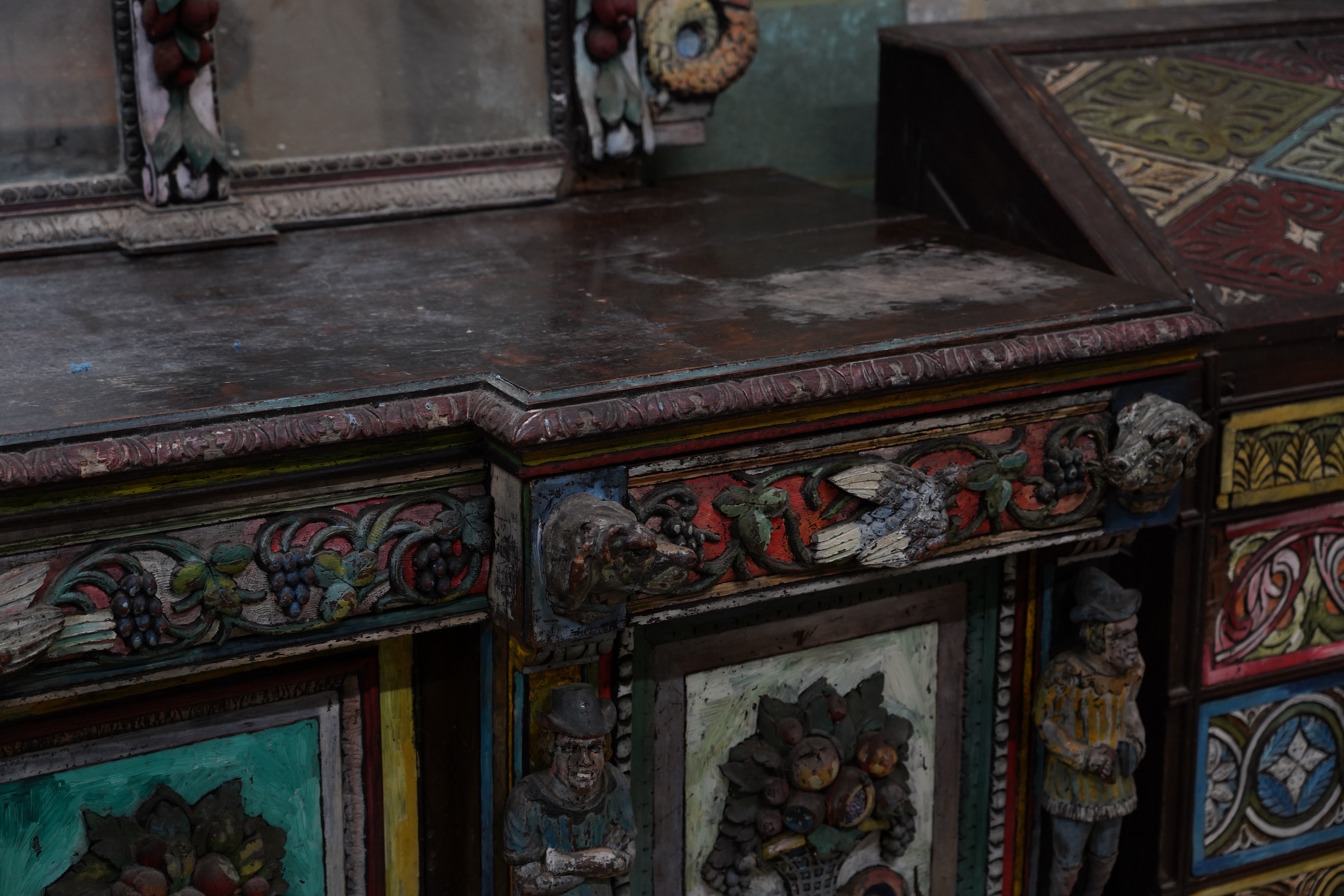 John Bratby (1928-1992): A monumental mirror backed buffet sideboard, polychrome decorated by the artist